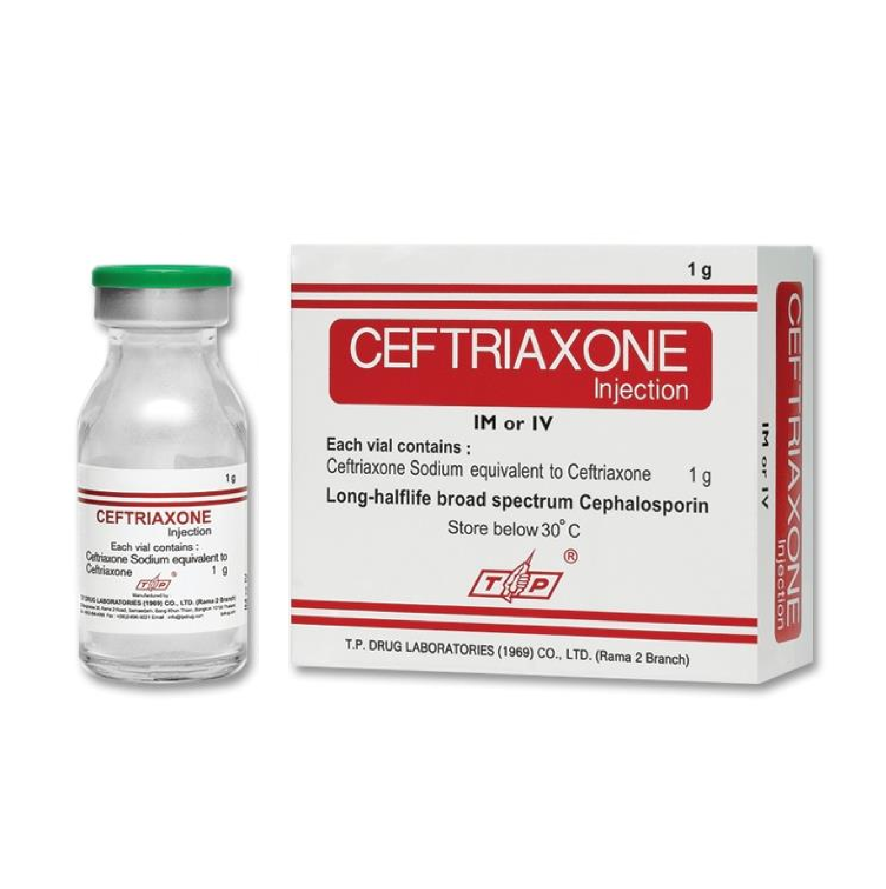 (ข.ย.10) Ceftriaxone injection 1G (IM, IV) T.P.DRUG (Box/50vial ...